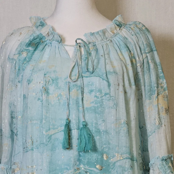 Debbie Katz Nalai Tunic Aqua Metallic Block Print Midi Dress Sz M Cottagecore - Picture 5 of 16